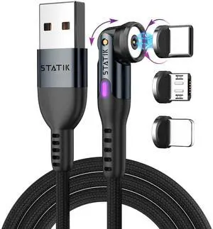 360 Rotating Magnetic Charging Cable - 3FT/1M USB C Charger 3 Interchangeable Tips for iProduct Micro-USB & USB-A Devices Black
