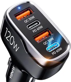 120W USB C Fast Car Charger 4-Ports Car Charger Adapter Dual Type C PD60W/PPS60W Compatible with iPhone16/15 Pro/Max/iPhone14/Galaxy/S24 Dual USB-A 30W QC3.0 for Android(Black)