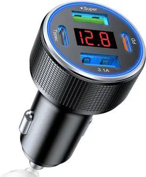 USB C Car Charger 4 Port 78W Dual USB Car Charger Adapter Fast Charging Multi Port Cigarette Lighter Adapter with Voltmeter Type C Phone Car Accessories for iPhone 16/15/14/13  Galaxy iPad