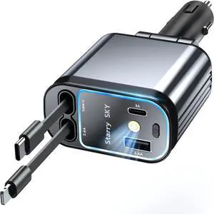 Fast Car Charger 4 in 1 Retractable Car Charger 69W with Stary Light USB-C Fast Car Charger Compatible iPhone 16/15/14/13/12/11/10All Android phones Adapter Car Charger Cable Organizer(Alumium Black)