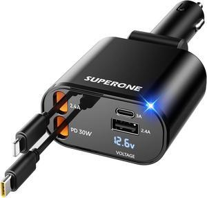 Upgraded Retractable Car Charger 4 in 1 Fast Car Phone Charger with Cord 2.6ft USB C and  Car Charger Adapter Compatible with iPhone 16 15/15 Pro Max/14/13/12/11 Galaxy Pixel