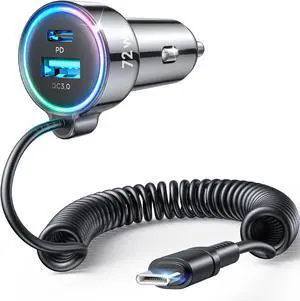 USB C 72W Car Charger for iPhone 16 Pro Max Plus, PD & QC3.0 w/5 ft 36W Type C Coiled Cable, Fast Car Phone Charger Adapter for iPhone 15 Pro, Samsung Galaxy S24/S23/S22, Pixel/Moto/LG/Android, iPad