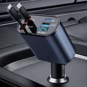 Retractable Car Charger 4 in 1 Fast Charge Car Phone Charger 2 Retractable Cables(2.6ft) and 2 USB Ports Compatible with iPhone15/14/15 Pro Max  (Gray)