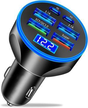 Super Fast Charge USB C Car Phone Charger Adapter 6 in 1 with Voltage Display 250W Multi Port Cigarette Lighter USB Charge for iPhone 16 15 14 13 12 11  Galaxy  Oneplus Oppo Vivo