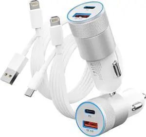 Fast Car Charger and Carplay Cable 48W Dual Port USB A and USB C Car Charger Adapter with 2Pack High Speed Charging L ightning Cable for i Phone 14/14 Plus/14 Pro Max/14 Mini/11/SE/X i Pad and More