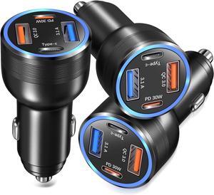 USB C Car Charger 3 Pack 4-Port 65W Dual 12V USB-C & USB A Car Charger Power Adapter QC+PD 3.0 Fast Charging Cigarette Lighter Plug for iPhone 16/15/14/13/11 Pro  S24 Android(Black)