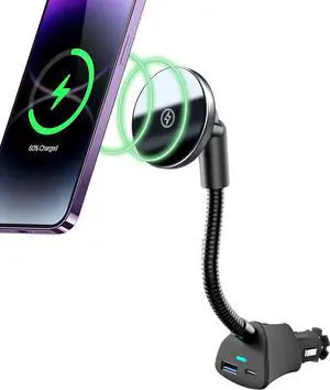 Mag-Safe Car Mount Charger 15W iPhone Wireless Car Cigarette Lighter Phone Charger Cigarette Lighter Phone Mount with Dual Port PD&QC3.0 Fast Charging Fits iPhone16 15 Pro Plus Max 14 13 12