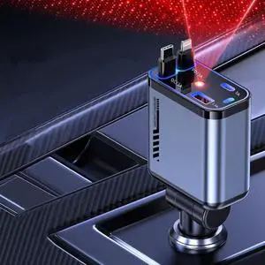 Retractable Car Charger with Starlight 4 in1 Type C Fast Car Charger with 120W Power 2 USB Ports and Retractable Cables Compatible with iPhone Models 16/15/14/13/12/11/iPad and Galaxy Models