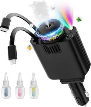 Retractable Car Charger with Aromatherapy and Starlight 5 in 1 USB C Car Charger for iPhone 16 15 14 13 12 11 Fast Charging Compatible with iPhone Android (Black)