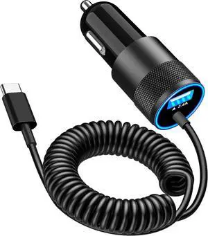 MFi CertifiediPhone 16 Fast Car Charger 4.8A USB Car Power Cigarette Lighter USB-C Car Carplay Charger with 6FT Coiled Type-C Cable for iPhone 16 Pro/16 Plus/16 Pro Max/15/15 Pro/iPad