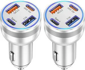 USB C Car Charger Fast Charging 2 Pack 4-Ports 65W Fast USBC Car Phone Charger Cigarette Lighter Adapter PD&QC3.0 Type C Car Charger Adapter for iPhone 16/15/14/13/12/11/Pro Max iPad  Galaxy