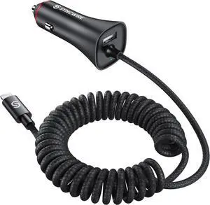 [ MFi Certified] Syncwire iPhone Car Charger 32W Super Fast Car Phone Charger Cigarette Lighter USB Car Adapter with Build-in 5FT Coiled Lightning Cable for  iPhone 14/13/12/11/XR/Max iPad