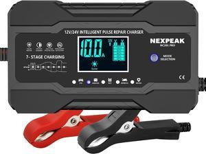 10-Amp Car Battery Charger 12V and 24V Smart Fully Automatic Battery Trickle Charger Maintainer w/Temp Compensation for Truck Motorcycle Lawn Mower Boat Marine Lead Acid Batteries