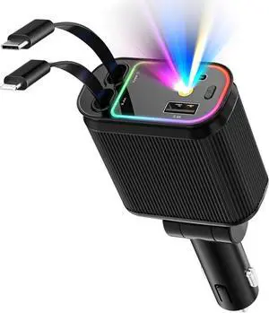 4 in 1 Retractable Car Chargers with Starlight, 66W USB C Fast Car Charger Adapter with 2 USB Ports for All iPhone 15/14/13/12/11 and for All Android (Dark Black - PurpleLight)