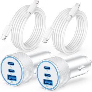 [4 in 1] USB C Car Charger 2-Pack 67W 3-Port Super Fast Type C Car Charger for iPhone 16/16 Pro/16 Pro Max/15/15 Plus/15 Pro Max iPad PD/QC Multiport Car Adapter Accessories + 3FT USB C to C Cable