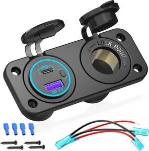 [Upgraded Version] 12V Cigarette Lighter Socket Quick Charge 3.0 & PD 3.0 USB Charger Power Outlet with Button Switch Waterproof 12 Volt Adapter for Car Motorcycle Boat Marine RV Golf Cart etc.