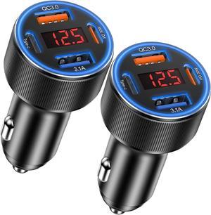 Car Charger USB C 4 Ports Cigarette Lighter USB Charger USB C Car Adapter PD/QC Fast Charging with Voltmeter for iPhone 16 15 14 13 12 Galaxy S24 S23 A54 A15 Android Dash Cam 2Pack