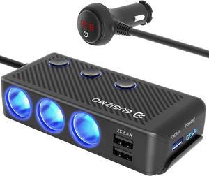 Cigarette Lighter Plug Splitter 3 Socket 200W Car Cigarette Lighter Adapter USB Charger Extension Cord Multi Port Power Plug 12V/24V Splitter with LED Voltage Display Independent Switches