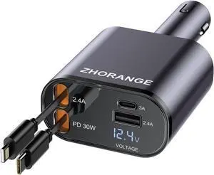 Retractable Car Charger 100W 4 in 1 Retractable Car Charger Fast Car Phone Charger with 31.5 Inch Cords Automobile Charger for iPhone 15/14/13/12/11/XR/XS  Pixel Phone