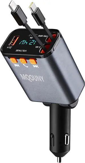 Retractable Car Charger 5 in 1 Fast Cars Phone Charger 60w Bluetooth 5.3 FM Transmitter Adapter Handsfree Call MP3 Player 2 Retractable Cables and USB Chargers for Phone Galaxy Pixel (Black)