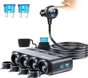 Cigarette Lighter Splitter Adapter 216W 4 Socket Heavy Duty Truck Car USB Chager Multi Port with PD30W/QC3.0 Charge USB C 12V/24V Independent Switches & Dust Cover & Waterproof for All Car Devices