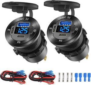 2 Pack 12V USB Outlet 3 Port Car Charger Socket 78W Dual PD USB C 30W and Quick Charge3.0 Port Aluminum Charger Waterproof with Voltmeter and Button Switch for Boat Marine Motorcycle RV Truck etc
