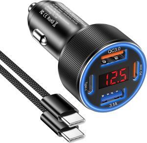 Car Charger for iPhone 16 15 Pro Max 4-Port Cigarette Lighter Adapter USB C & USB A Car Phone Charger Fast Charging Voltmeter for Galaxy S24 S23 A15 A54 Android 6ft USB C to USB C Cable