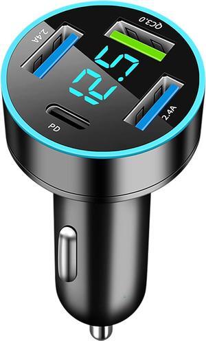 USB C Car Charger 4-Port Cigarette Lighter USB Charger Adapter with Voltmeter PD 3.0 & QC 3.0 Car USB Adapter Multi Port Type-c Accessories Fast Charging for iPhone  iPad & Phone Tablets
