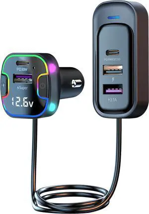 Car Charger USB C [LED Voltage Display] 100W 5 Port Type-C Car Adapter 2-PD 30W & QC3.0 30W Super Fast Charging with 5FT Cable Cigarette Lighter Adapter for Car Travel Essentials for iPhone