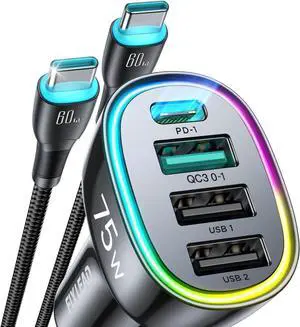 75W Car Charger USB C Cigarette Lighter Adapter 4-Port Fast Car Charger with 3.3ft 60W USB C Cable Fast Charging for iPhone16/15/14/13 Series  Galaxy S25/S24 Ultra iPad Air Google Pixel