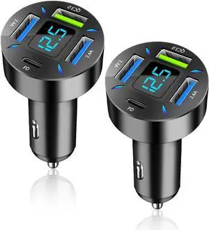 Car Charger 66W Super Fast Charging with USB C&QC 3.0(Voltmeter&LED Lights) Universal Quick Charge for 12-24V Car Cigarette Lighter Plug Compatible with iPhone 14 13 S22 iPad(2Pcs-Black-QC/PD/2.4A)