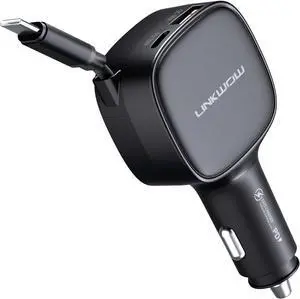 84W Max Retractable Fast Car Charger - USB C Cigarette Lighter Adapter Ultra-Compact Type-C Fast Car Charger with Built-in Retractable Cable