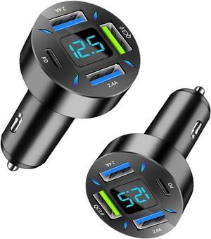 2Pcs 4 Ports USB Car Charger USB Adapter with Voltmeter Type C Port PD 3.1/QC 3.0 Super Fast Charging Car Cigarette Lighter Plug for iPhone 14 13 12 S22 S21 S20 iPad Pro& More Mobil Phone (2Pcs-Black)