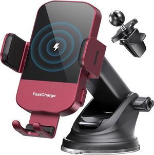 Wireless Car Charger 15W Fast Charging Auto Clamping Car Charger Phone Mount Phone Holder fit for iPhone 16 15 14 13 12 Pro Max 11 XR XS  Galaxy S24 Ultra S23 S22 S21 S20 S10+ Red