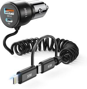 110W [65W+45W] USB C Car Charger for iPhone 16 Car Charger 5Ft [45W Type C or 30W Lighting Coiled Cable] PD3.0&QC3.0 USB A Fast Charging Car Cigarette Lighter Adapter for iPhone  Android