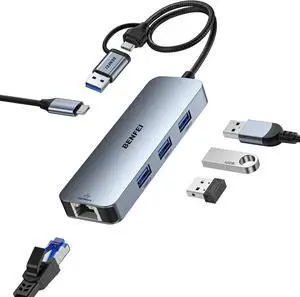 USB-C USB 3.0 to Gigabit Ethernet Adapter 3-Port USB 3.0 Hub with RJ45 Compatible with MacBook Pro/Air 2023 iPad Pro iMac S23 XPS 17 Surface Book 3 and More