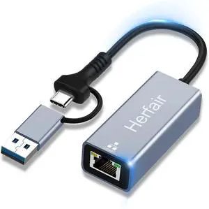 USB to Ethernet Adapter 1000Mbps USB-C to RJ45 Gigabit LAN Wired Network Converter with Dual Connector for Laptop Computer Switch MacBook More Support Windows MacOS Linux Systems