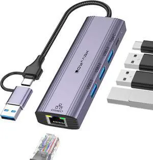 USB 3.0 Ethernet Adapter, USB C Hub with RJ45 1000 Gigabit Ethernet Ports, 3 USB 3.0 Data Transfer Ports and 1 USB C Data Transfer Port, USB C to Network Adapter for MacBook Pro/Air, Chromebooks