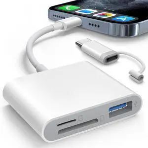 SD Card Reader for iPhone iPad Built-in Lightening & USB-C Dual Connectors Card Adapter with SD MicroSD USB-A 3 Slots Trail Camera Memory Card Viewer Portable No App Required Plug and Play