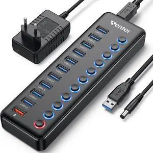 Powered USB Hub Wenter 11-Port USB Splitter Hub (10 Faster Data Transfer Ports+ 1 Smart Charging Port) with Individual LED On/Off Switches USB Hub 3.0 Powered with Power Adapter for Mac PC