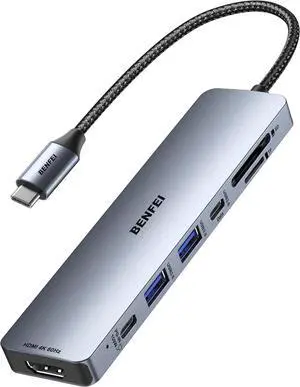 7-in-1 USB C Hub with HDMI(4K@60Hz) 2 USB-A 1 USB-C Data 100W Charge SD/TF Card Reader Silicone Tangle-Free Cable Compatible with MacBook Pro/Air iPad Pro iMac iPhone 15 Pro/Pro Max