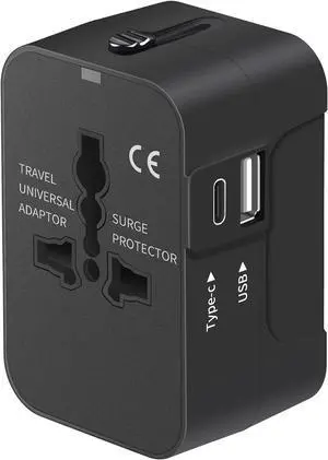 Travel Adapter with USB C Universal All in One Worldwide Travel Adapter Power Converters Wall Charger AC Power Plug Adapter USB Type C Charging Ports for USA EU UK AUS Black