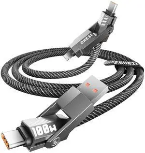 Upgraded 4-in-1 100W 5FT USB C Lightning Cable Nylon Braided Fast Charging iPhone iPad Charger Cord [480Mbps Data Sync] Multi Charging Cable with Lightning/Type C/USB A Grey