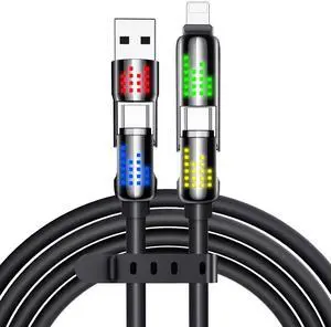 240W 4 in 1 USB C Cable USB Charging Cable with Breathing Light Fast Charging & Data Sync Silicone Multi Charging Cable for iPhone iPad  Laptop Multi Device Charging 4FT (Black)