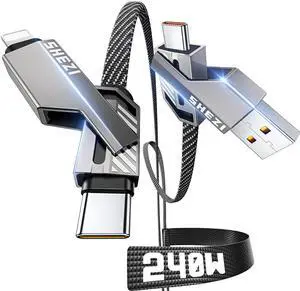 [Upgraded 2.0] 4-in-1 USB C Cable 240W 5FT Lightning Cable [Fast Charging & Data Sync] Flat Nylon Braided Multi Charger Cord Wire Combo with Lightning/USB C/A Port for iPhone/iPad & All Devices