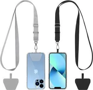 Phone Lanyard 2 Pack-2 Adjustable Neck Strap 2 Phone Patches Universal Cell Phone Multifuctional Patch Lanyards Compatible with Most Smartphones(Black+Gray)