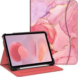 Case for iPad (A16) 11th Generation 11 Inch (2025) iPad 10th Generation 10.9 Inch (2022) Multi-Angle Viewing Protective Stand Cover with Pencil Holder & Pocket Marble Pink