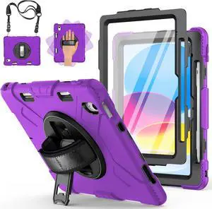 Case for iPad 10th Generation with Screen Protector Full-Body Drop Protection 360 Rotate Stand/Hand Strap Cover Compatible with iPad 10th Gen 10.9 Model A2696/A2757/A2777