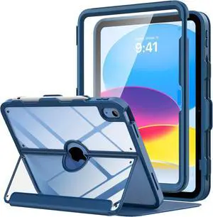 for iPad 11-inch (A16) 11th Generation Case 2025/ iPad 10th Generation Case with Pencil Holder 2022 10.9 inch Built-in Screen Protector Clear Back Multi Angle Viewing Stand Navy Blue