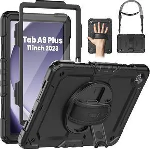 Case for  Galaxy Tab A9+/ A9 Plus Case 11 2023 (SM-X210/X216/X218) Heavy Duty Shockproof Protective Case with Screen Protector Rotating Stand and Hand/Shoulder Strap Black
